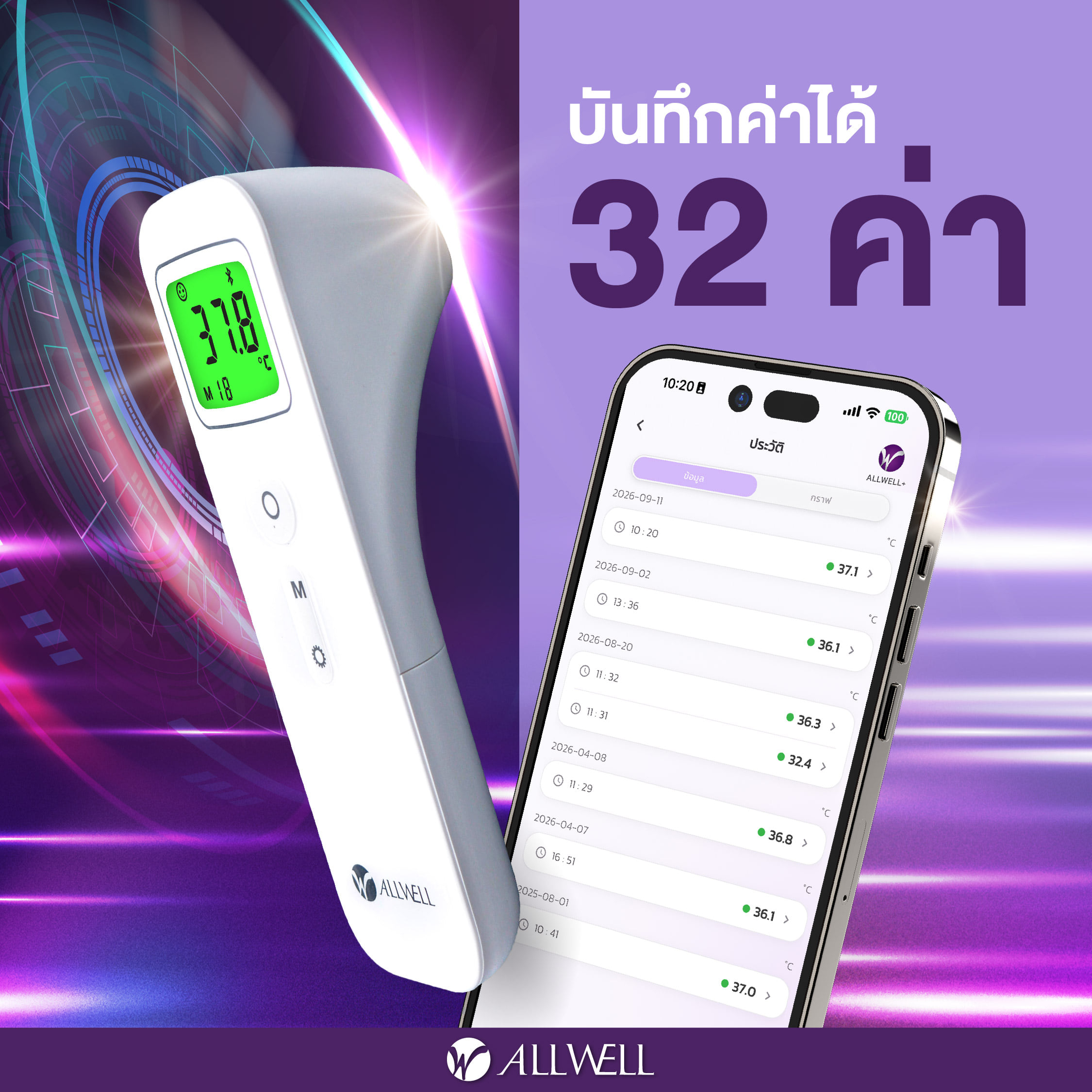 เครื่องวัดอุณหภูมิร่างกาย ALLWELL  รุ่น SmartTemp อินฟราเรด เชื่อม app ได้_5